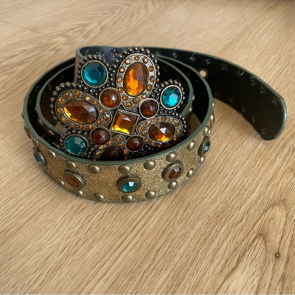 Vintage Style Gold Western Boho Belt Jeweled Buckle Teal Amber OS